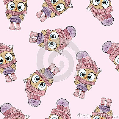 Owl cute pattern background. funny baby texture animal Stock Photo